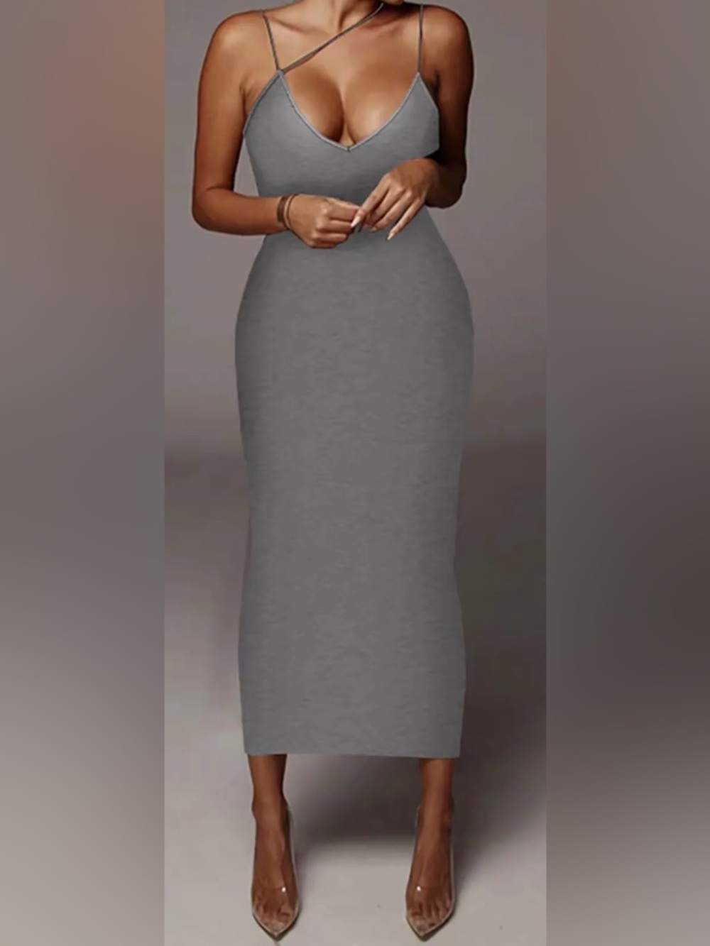 Sleek Grey Bodycon Midi Dress with Crisscross Straps